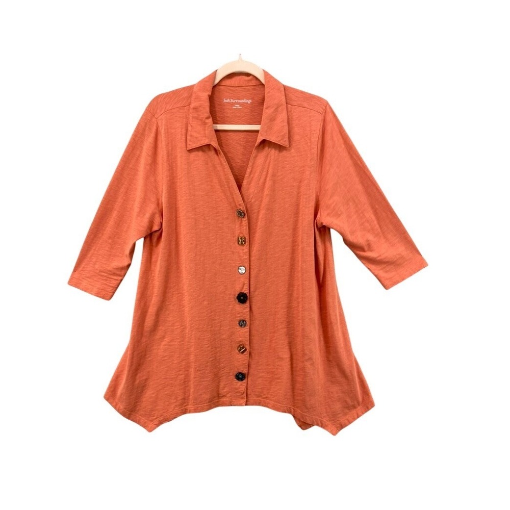 Soft‎ Surroundings Shirt Womens Sz L Tunic Orange Mismatched Button Sharkbite
